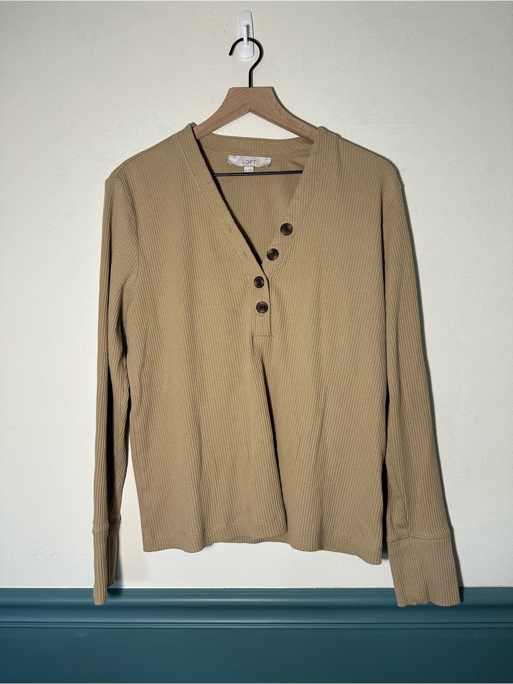 LOFT Tan Ribbed V-Neck Henley Sweater with Button Detail